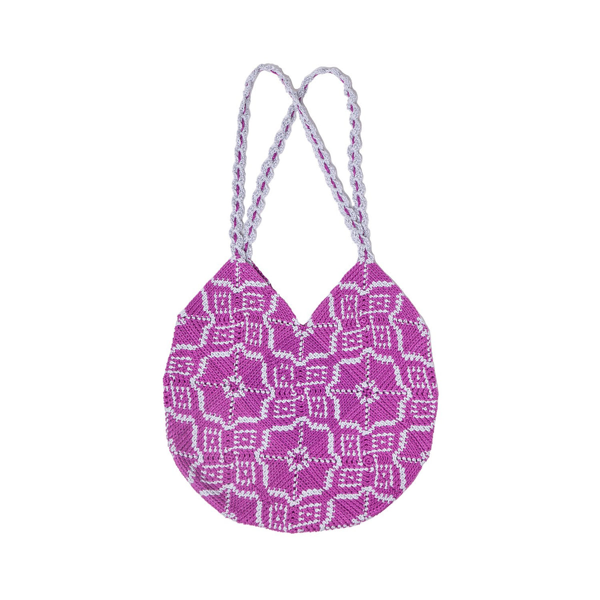 Pimlico tapestry crochet bag in magenta and pale grey, with twisted cord straps, on white