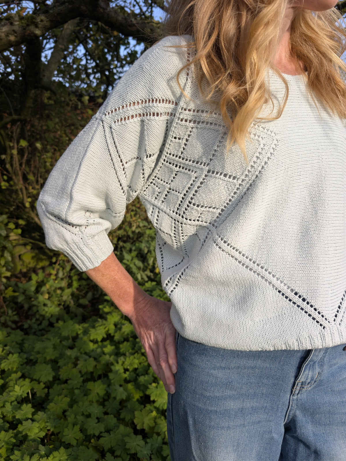 The relaxed Tessera sleeve with geometric lace and a ribbed cuff