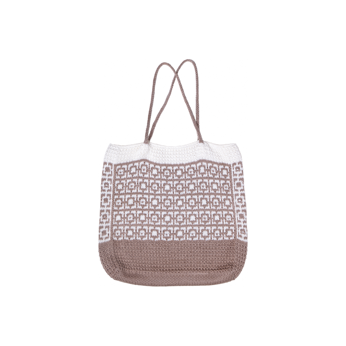 Cairo mosaic knitted tote bag in taupe and cream, flat lay on white