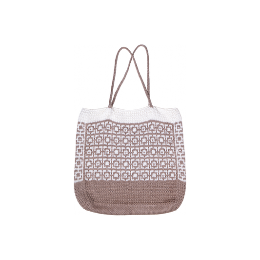 Cairo mosaic knitted tote bag in taupe and cream, flat lay on white